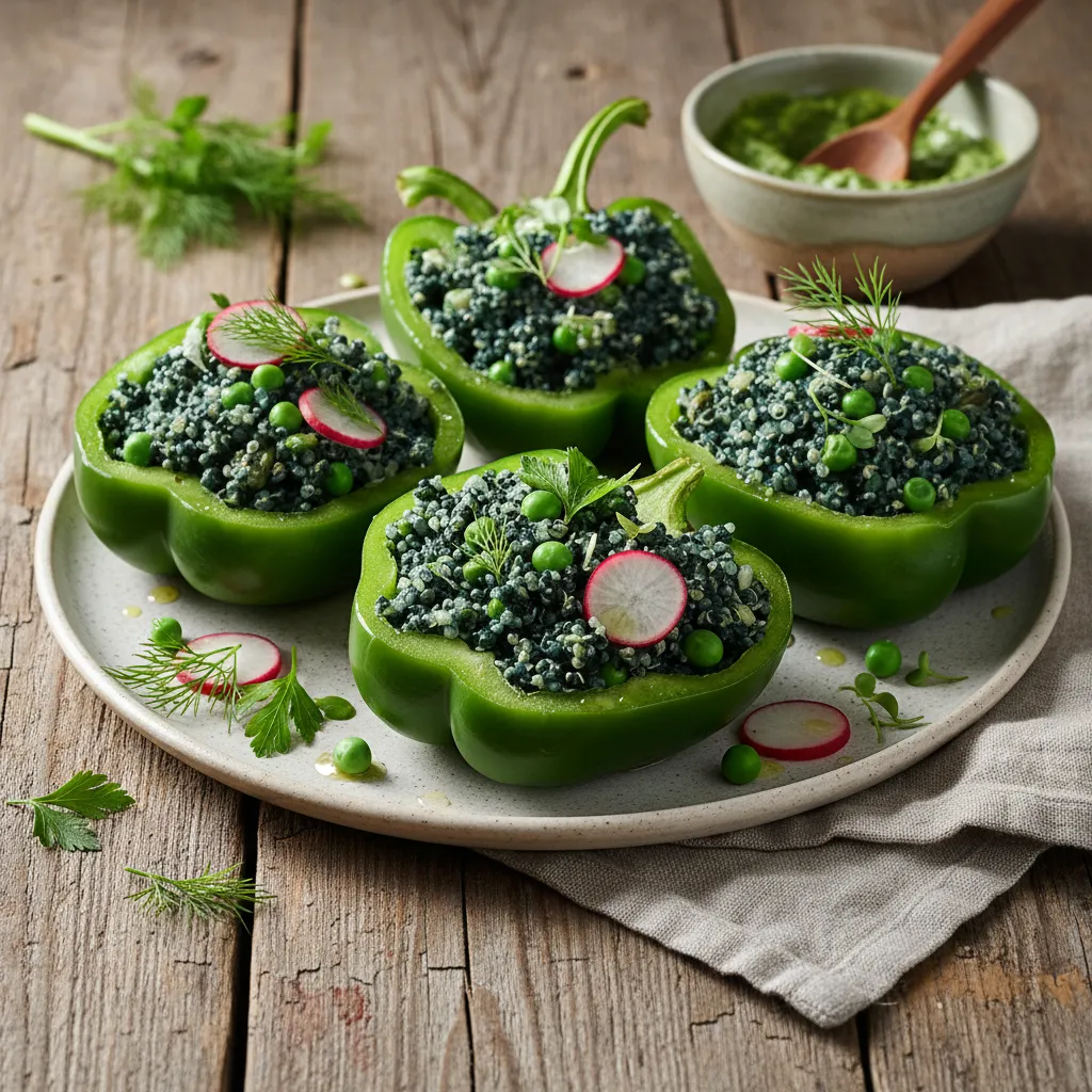 Savory Spirulina Quinoa Stuffed Bell Peppers with Spring Veggies
