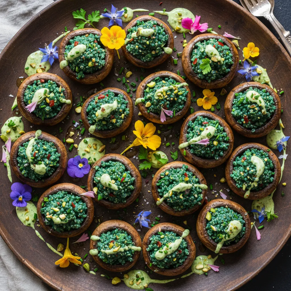Savory Spirulina Stuffed Mushrooms with Quinoa and Edible Flowers