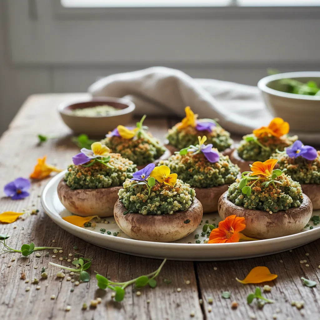 Savory Spirulina Stuffed Mushrooms with Quinoa and Edible Flowers