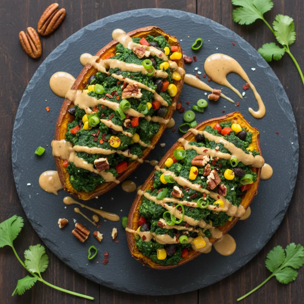 Savory Spirulina Stuffed Sweet Potatoes with Maple Tahini Drizzle