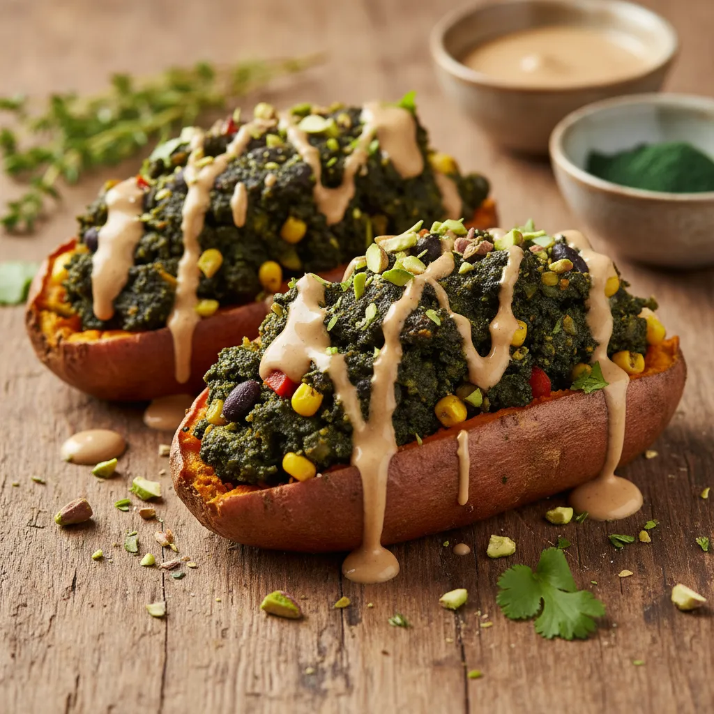 Savory Spirulina Stuffed Sweet Potatoes with Maple Tahini Drizzle