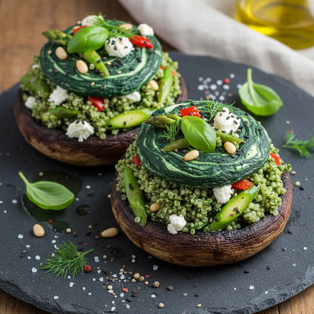 Savory Spirulina and Asparagus Quinoa-Stuffed Portobello Caps