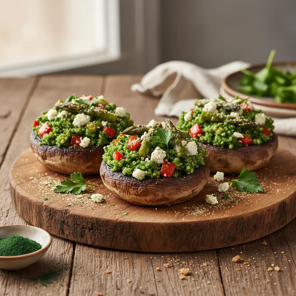 Savory Spirulina and Asparagus Quinoa-Stuffed Portobello Caps