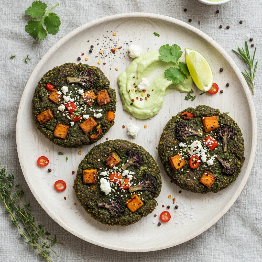Savory Spirulina and Roasted Vegetable Quinoa Cakes