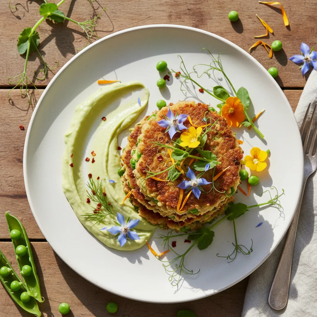 Savory Spring Pea & Edible Flower Quinoa Cakes with Avocado Cream