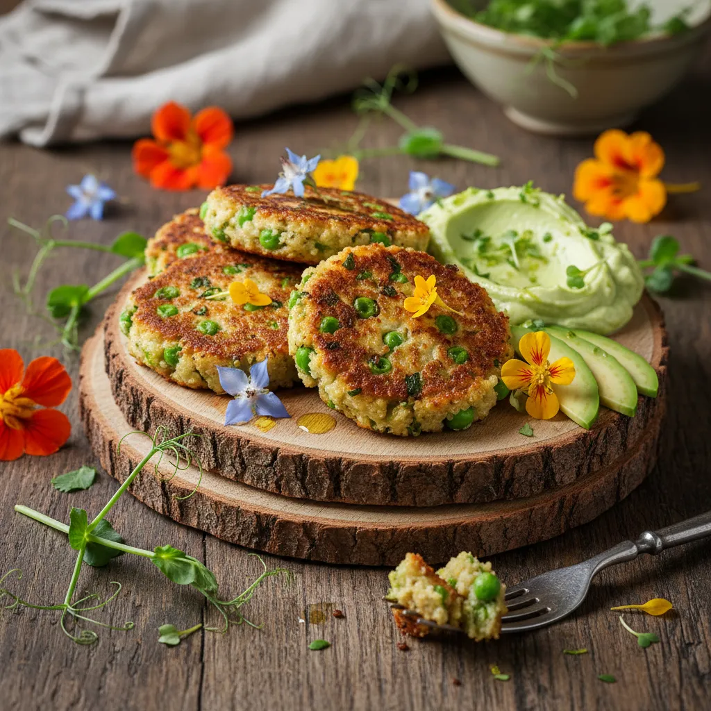 Savory Spring Pea & Edible Flower Quinoa Cakes with Avocado Cream
