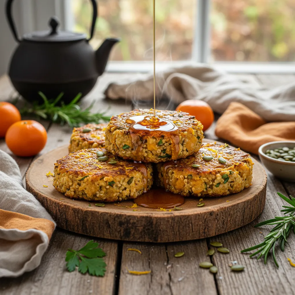 Savory Squash & Citrus Herb Quinoa Cakes with Maple Drizzle