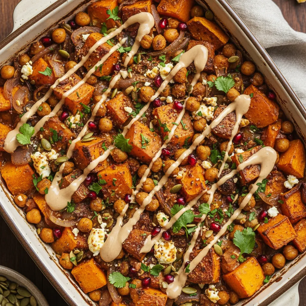 Savory Squash and Chickpea Bake with Maple Tahini Drizzle