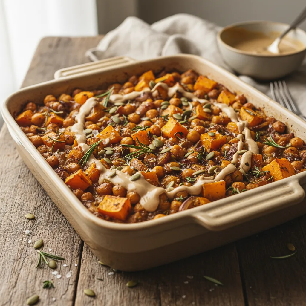 Savory Squash and Chickpea Bake with Maple Tahini Drizzle