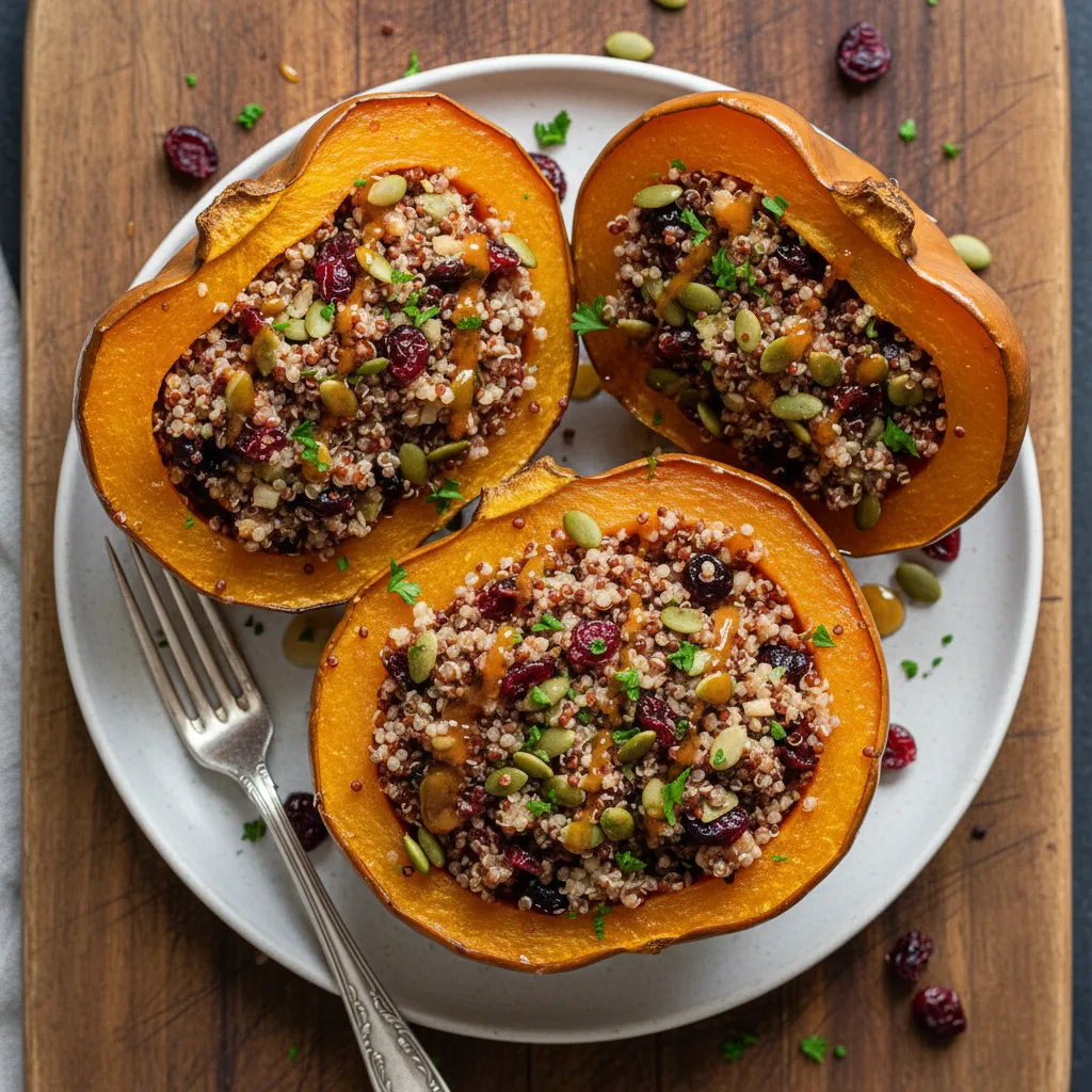 Savory Stuffed Acorn Squash with Quinoa, Cranberries, and Pumpkin Seeds