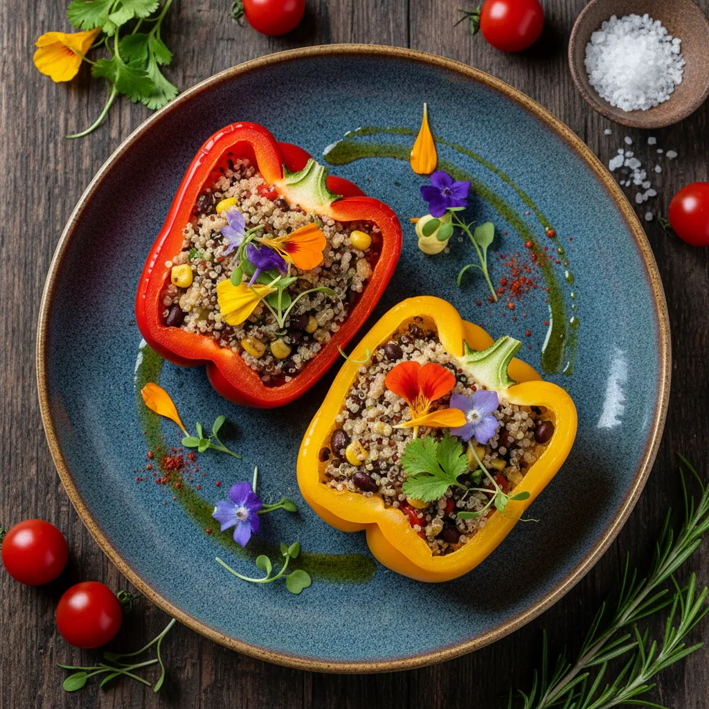 Savory Stuffed Bell Peppers with Quinoa and Edible Flowers