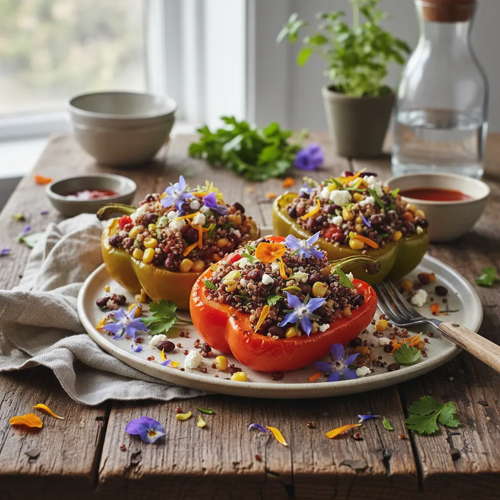Savory Stuffed Bell Peppers with Quinoa and Edible Flowers
