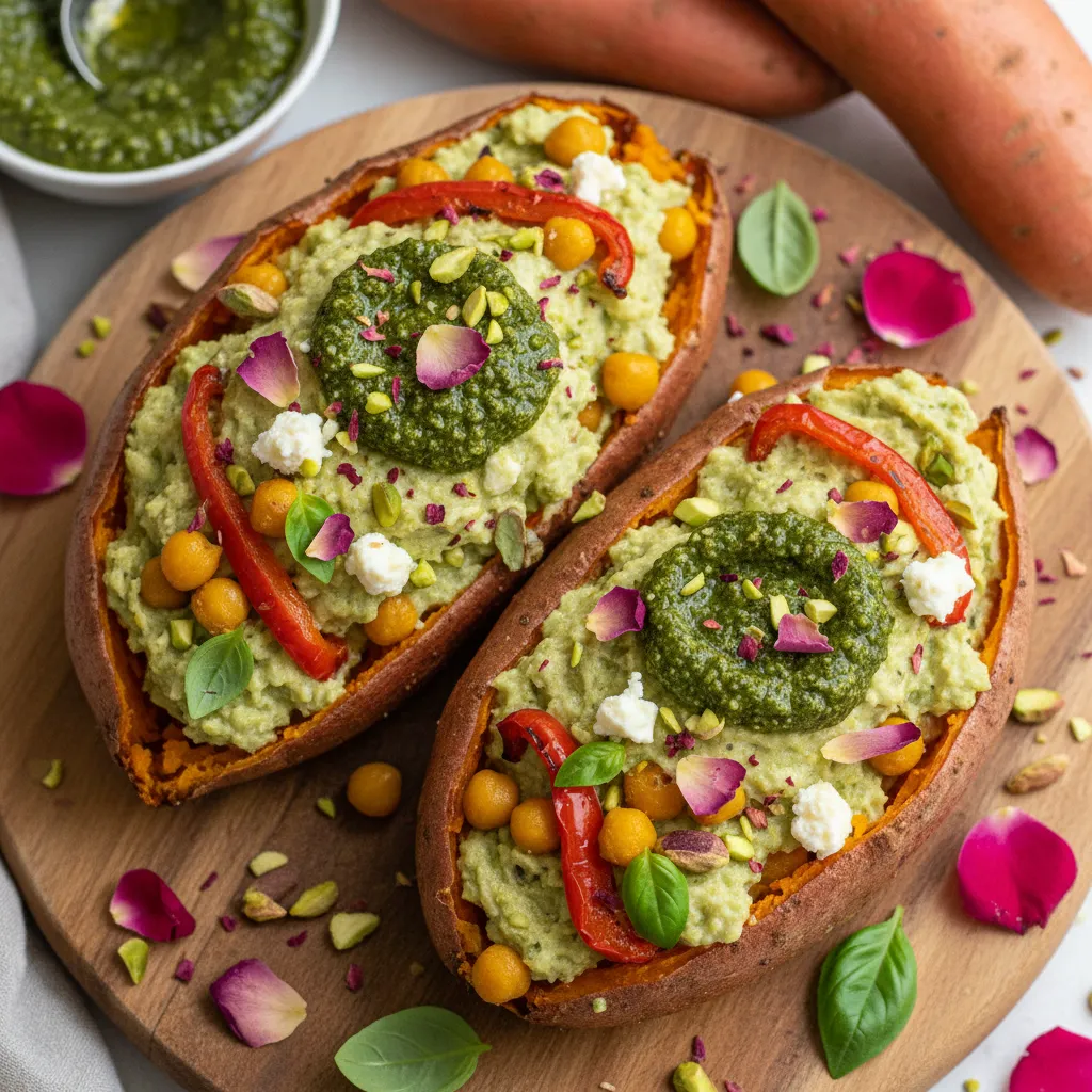 Savory Stuffed Sweet Potatoes with Edible Rose Petal Pesto