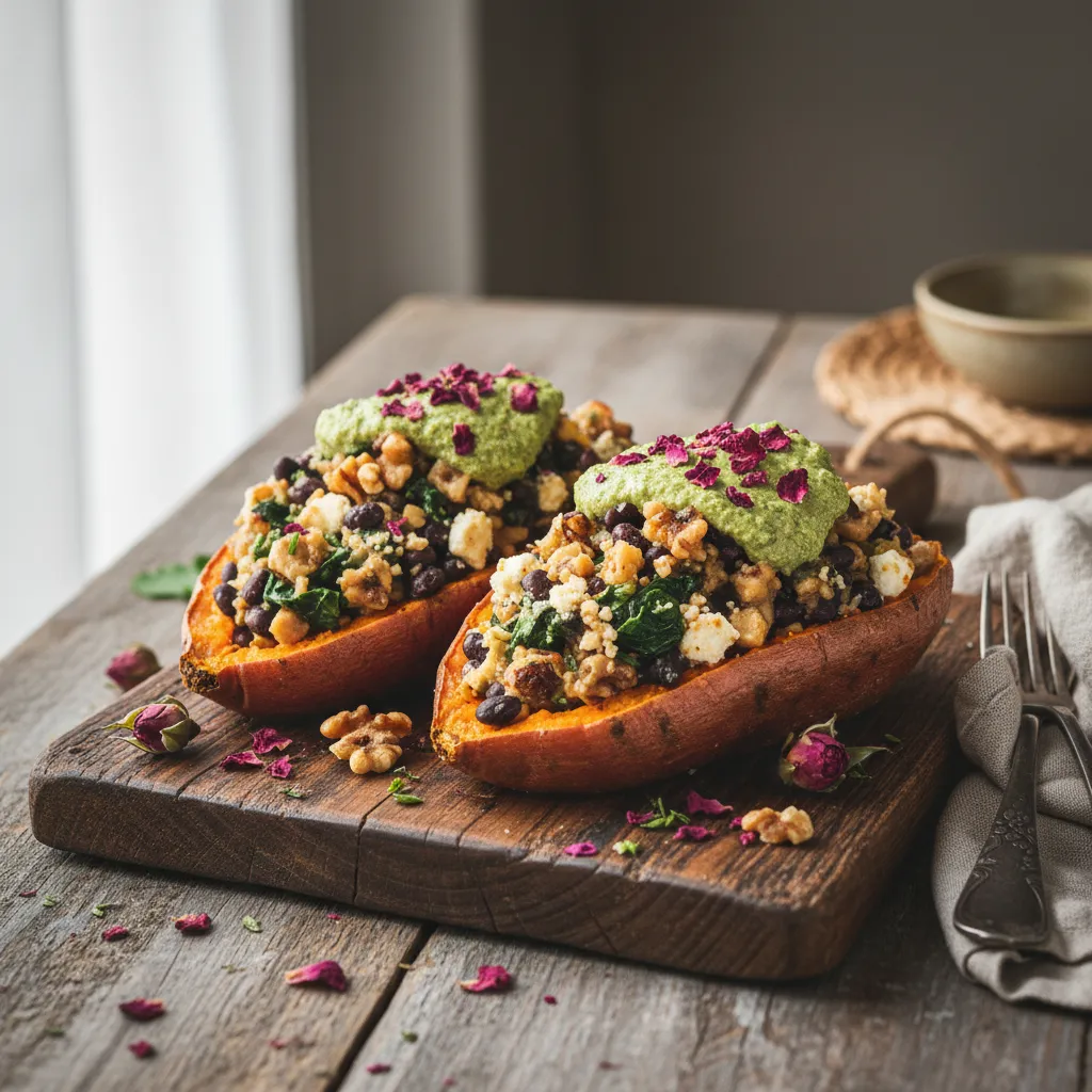 Savory Stuffed Sweet Potatoes with Edible Rose Petal Pesto