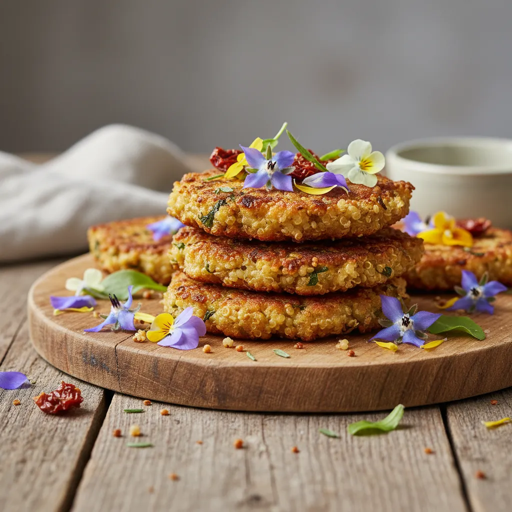 Savory Sun-Dried Tomato Quinoa Fritters with Edible Flowers