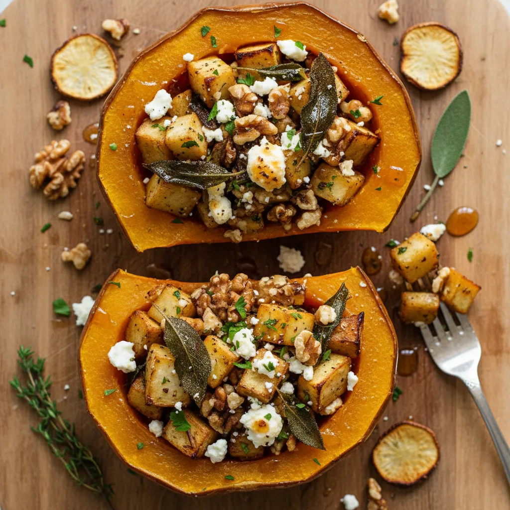 Savory Sunchoke and Walnut Stuffed Acorn Squash