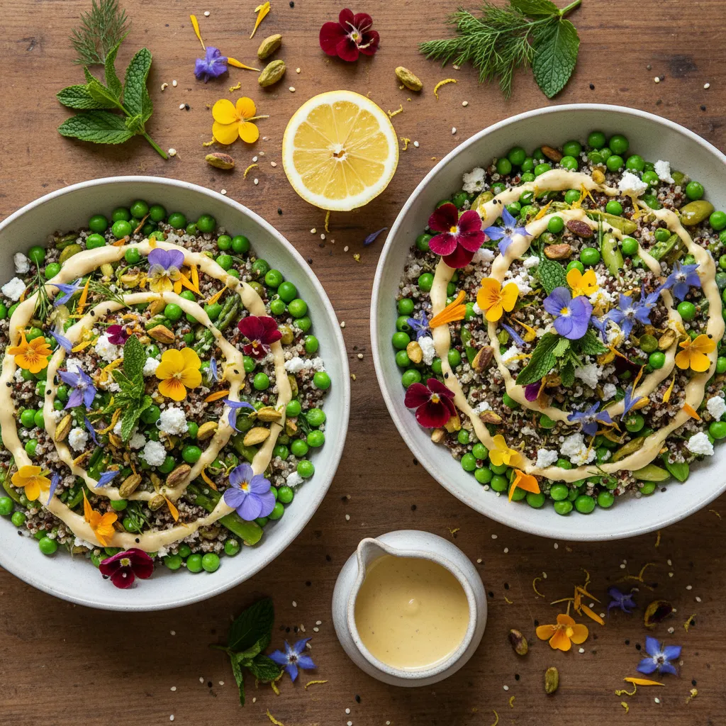 Savory Sweet Pea & Edible Flower Quinoa Bowls with Lemon Tahini Drizzle