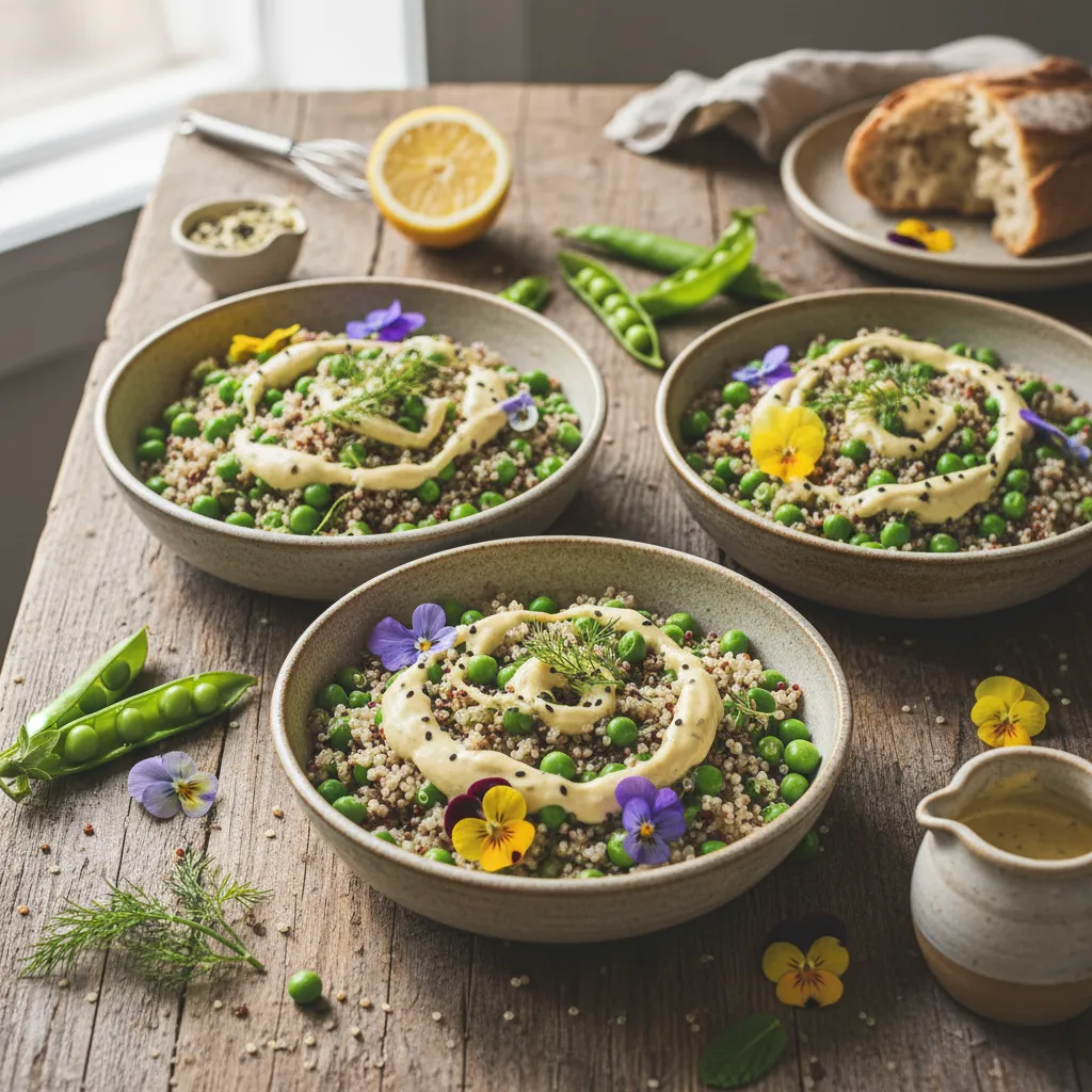 Savory Sweet Pea & Edible Flower Quinoa Bowls with Lemon Tahini Drizzle