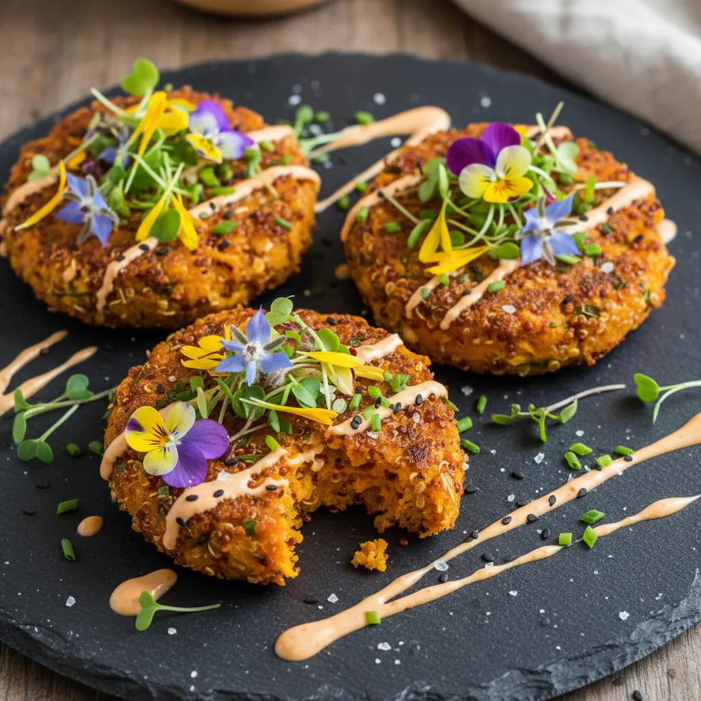 Savory Sweet Potato Quinoa Cakes with Edible Flower Garnish