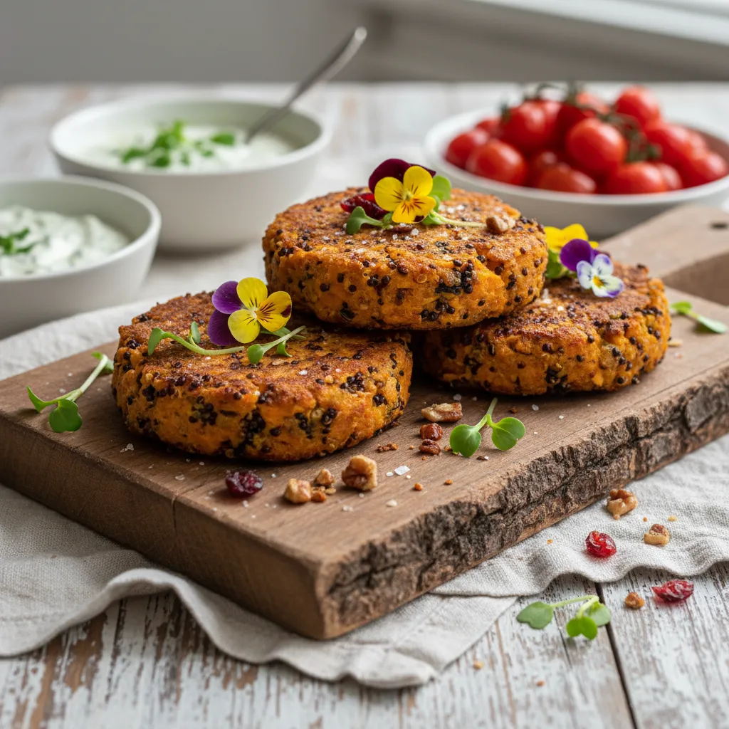 Savory Sweet Potato Quinoa Cakes with Edible Flower Garnish