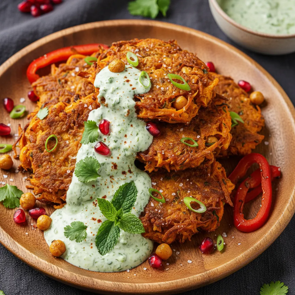 Savory Sweet Potato and Chickpea Fritters with Cilantro Mint Sauce