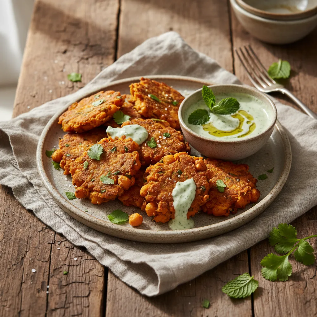 Savory Sweet Potato and Chickpea Fritters with Cilantro Mint Sauce