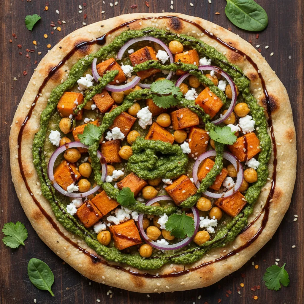 Savory Sweet Potato and Chickpea Naan Pizza with a Spinach Pesto Swirl
