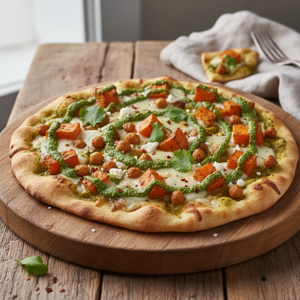Savory Sweet Potato and Chickpea Naan Pizza with a Spinach Pesto Swirl
