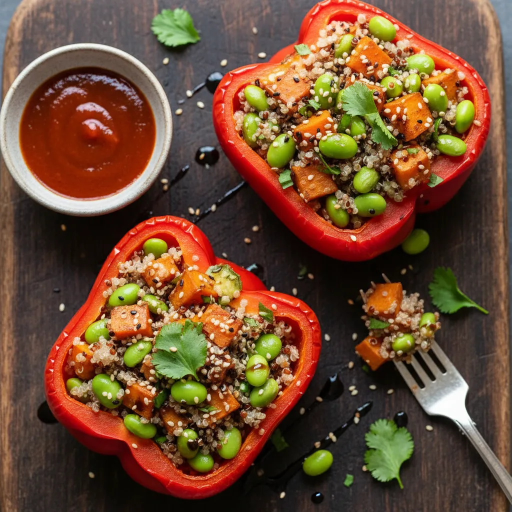 Savory Sweet Potato and Edamame Quinoa Stuffed Bell Peppers