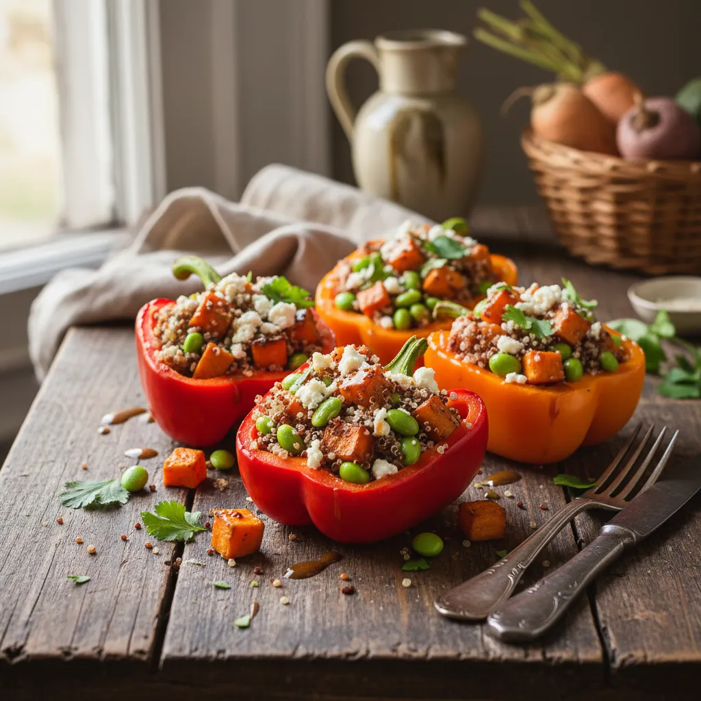 Savory Sweet Potato and Edamame Quinoa Stuffed Bell Peppers