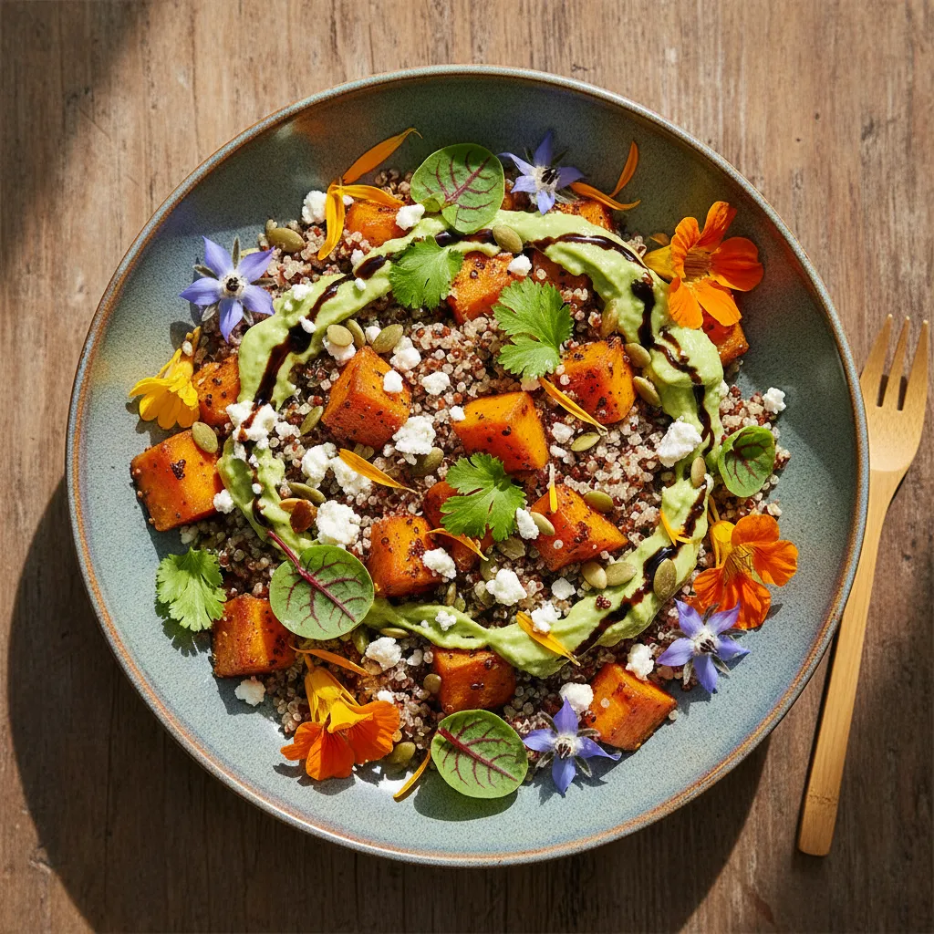 Savory Sweet Potato and Edible Flower Quinoa Bowl
