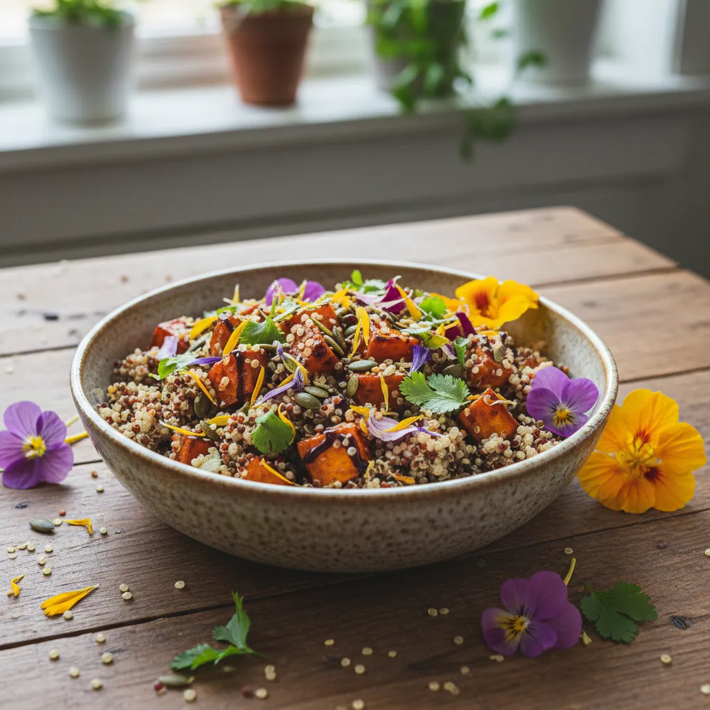 Savory Sweet Potato and Edible Flower Quinoa Bowl
