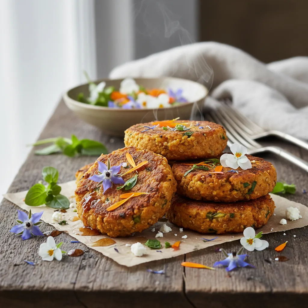 Savory Sweet Potato and Edible Flower Quinoa Cakes