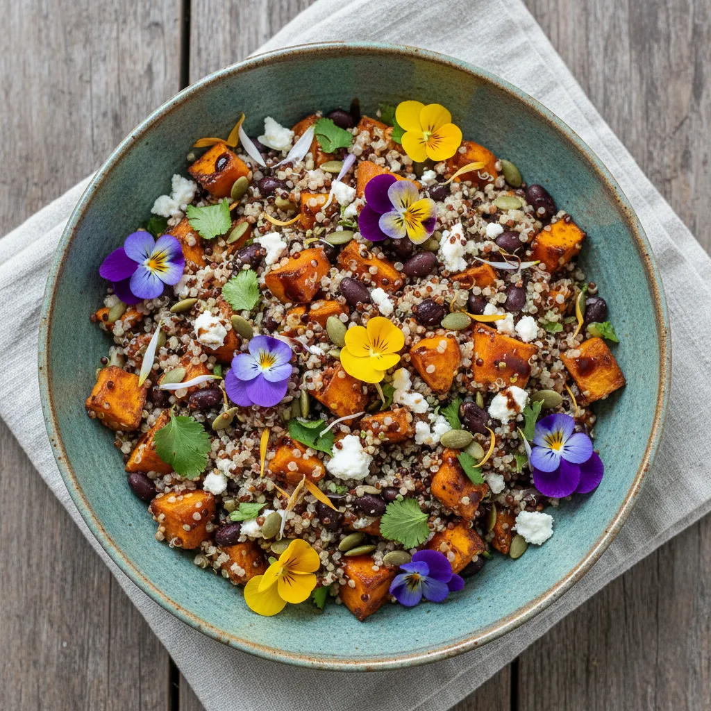 Savory Sweet Potato and Edible Flower Quinoa Salad