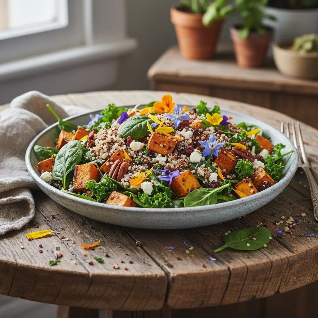 Savory Sweet Potato and Edible Flower Quinoa Salad