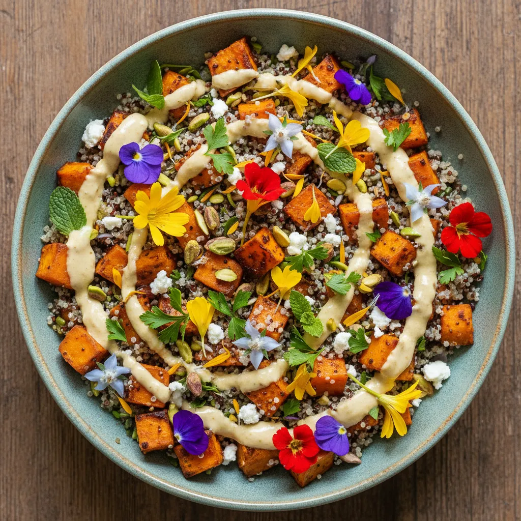 Savory Sweet Potato and Edible Flower Quinoa Salad with Lemon Tahini Dressing