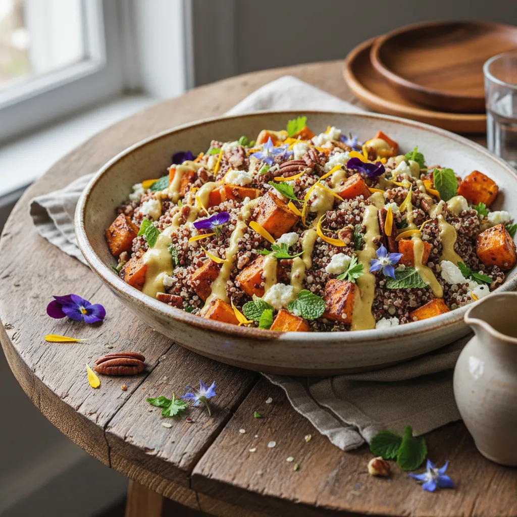 Savory Sweet Potato and Edible Flower Quinoa Salad with Lemon Tahini Dressing
