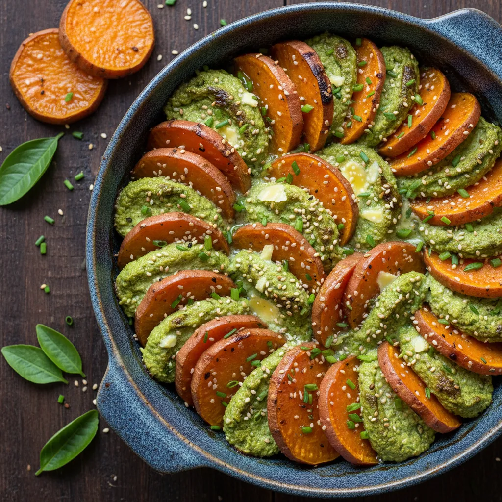 Savory Sweet Potato and Matcha Ricotta Gratin