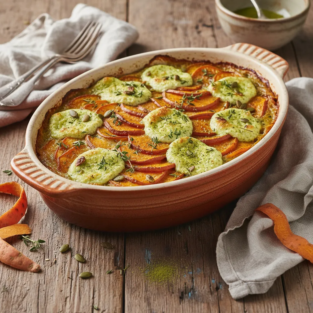 Savory Sweet Potato and Matcha Ricotta Gratin