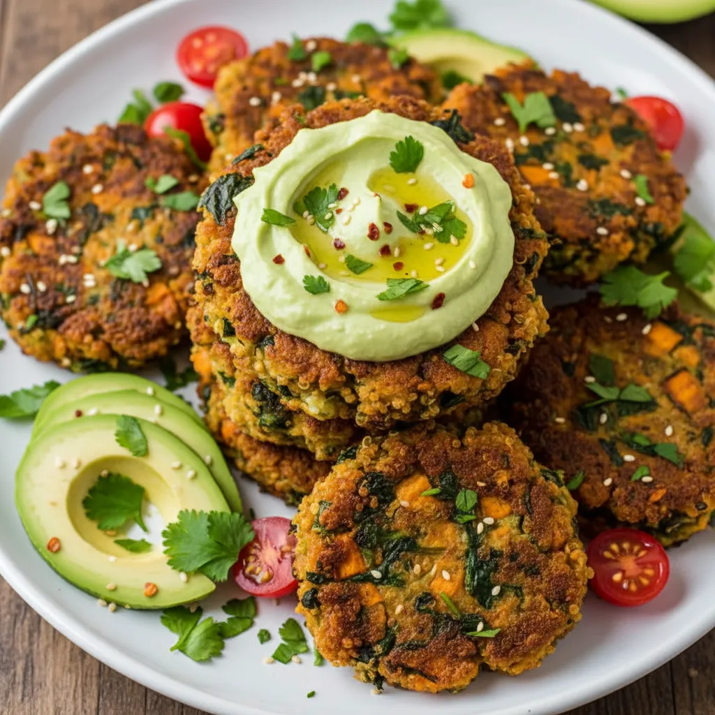 Savory Sweet Potato and Spinach Quinoa Cakes with Avocado Cream