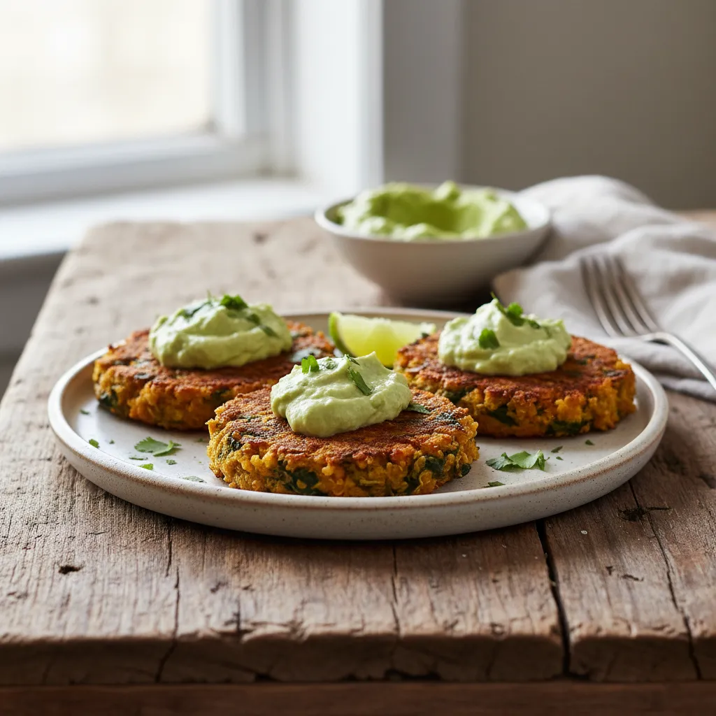 Savory Sweet Potato and Spinach Quinoa Cakes with Avocado Cream