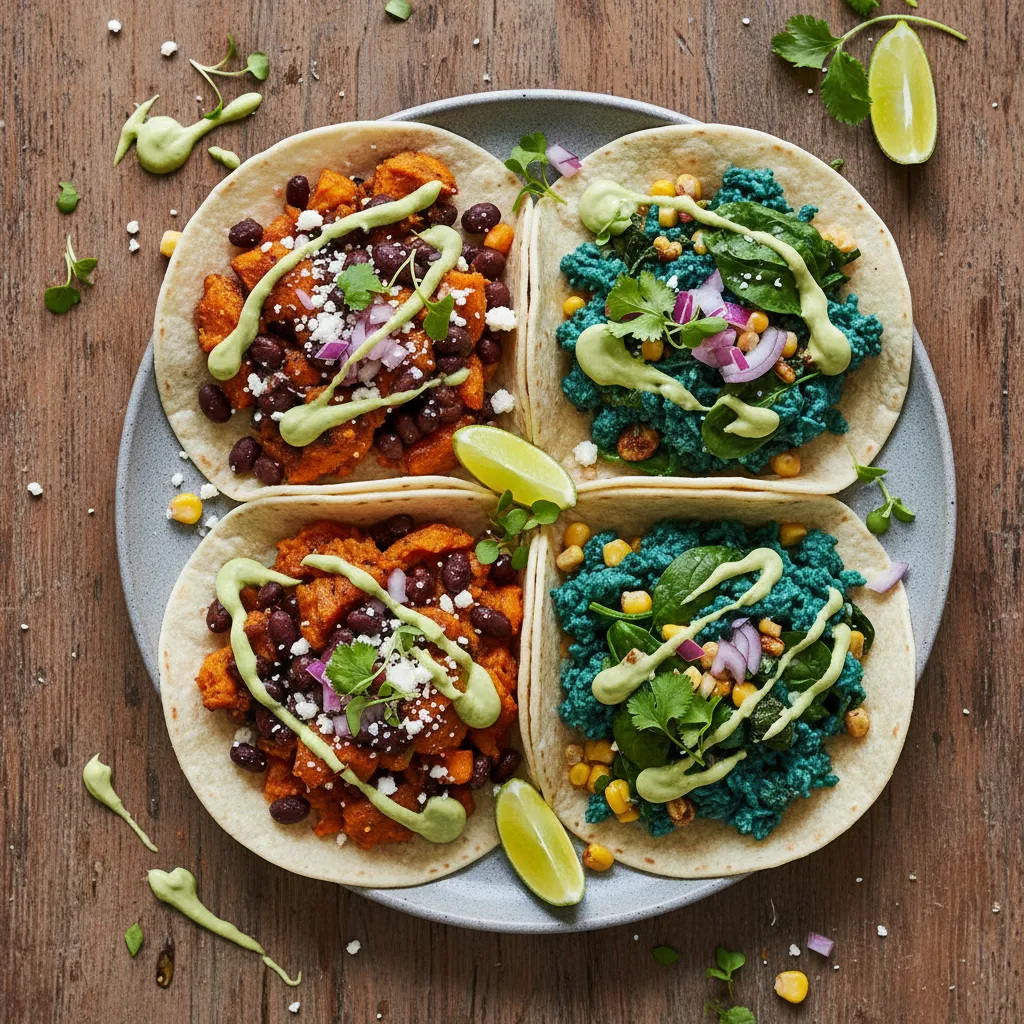 Savory Sweet Potato and Spirulina Tacos with Avocado Drizzle