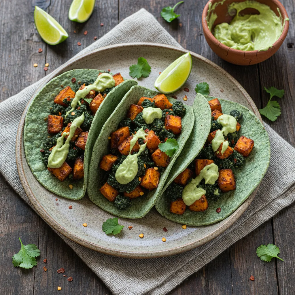 Savory Sweet Potato and Spirulina Tacos with Avocado Drizzle