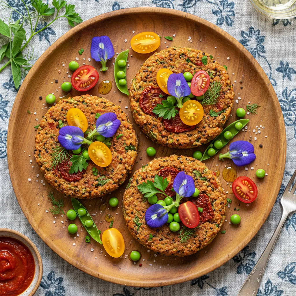 Savory Tomato-Infused Quinoa and Pea Blossom Cakes