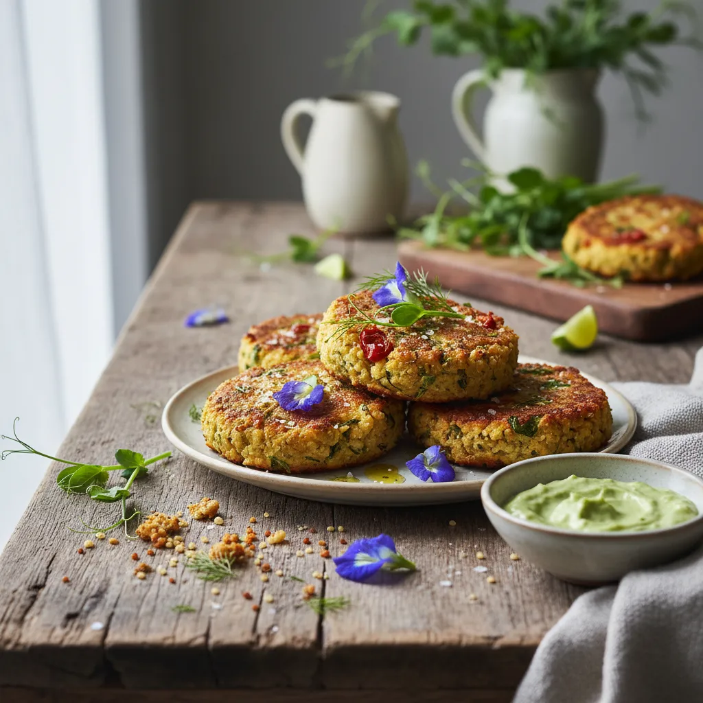 Savory Tomato-Infused Quinoa and Pea Blossom Cakes