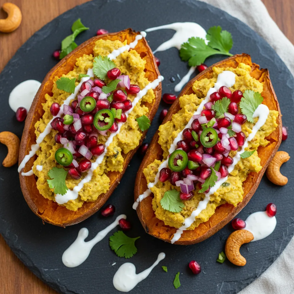 Savory Turmeric-Coconut Stuffed Sweet Potatoes with Pomegranate Salsa
