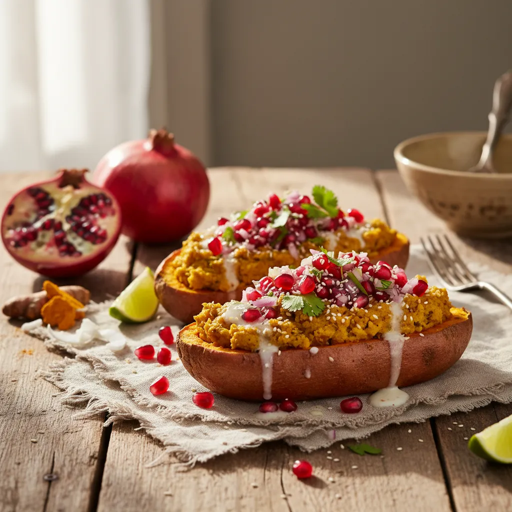 Savory Turmeric-Coconut Stuffed Sweet Potatoes with Pomegranate Salsa