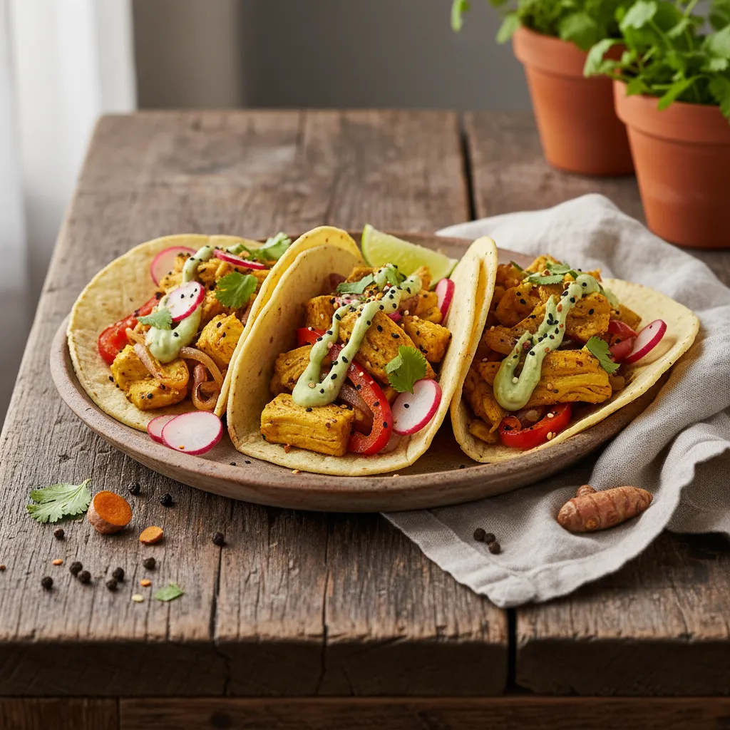 Savory Turmeric-infused Jackfruit Tacos with Creamy Avocado-Lime Drizzle