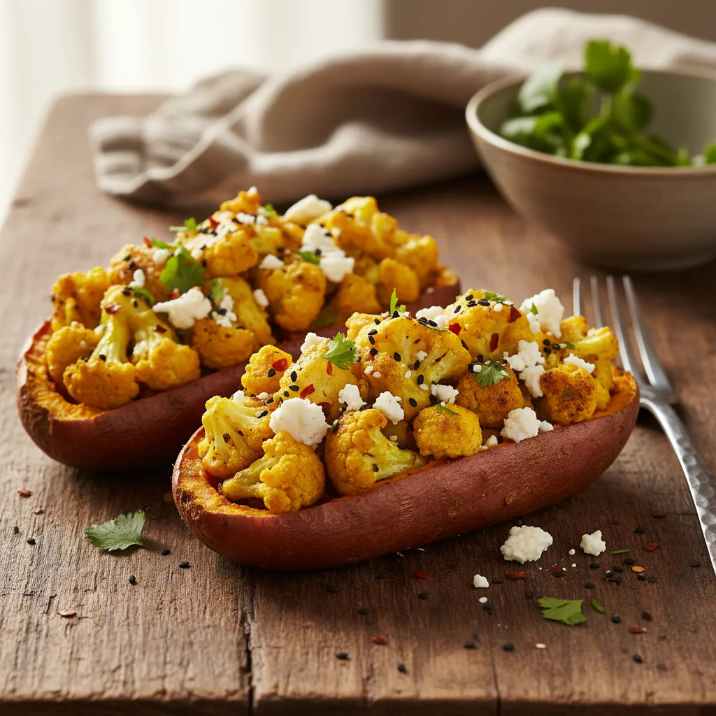 Savory Turmeric Cauliflower and Feta Stuffed Sweet Potatoes
