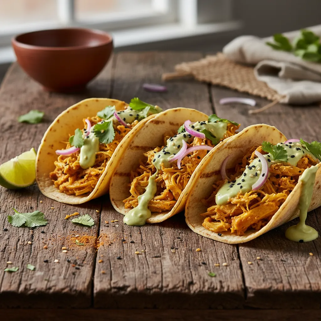 Savory Turmeric Jackfruit Tacos with Avocado Lime Drizzle